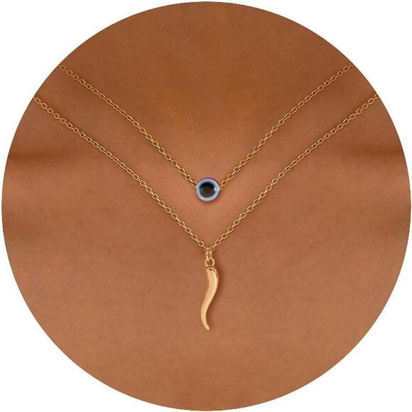 ⚡Gold Evil Eye Necklace with Horn Pendant Layered Protection Jewelry for Women - Picture 1 of 7